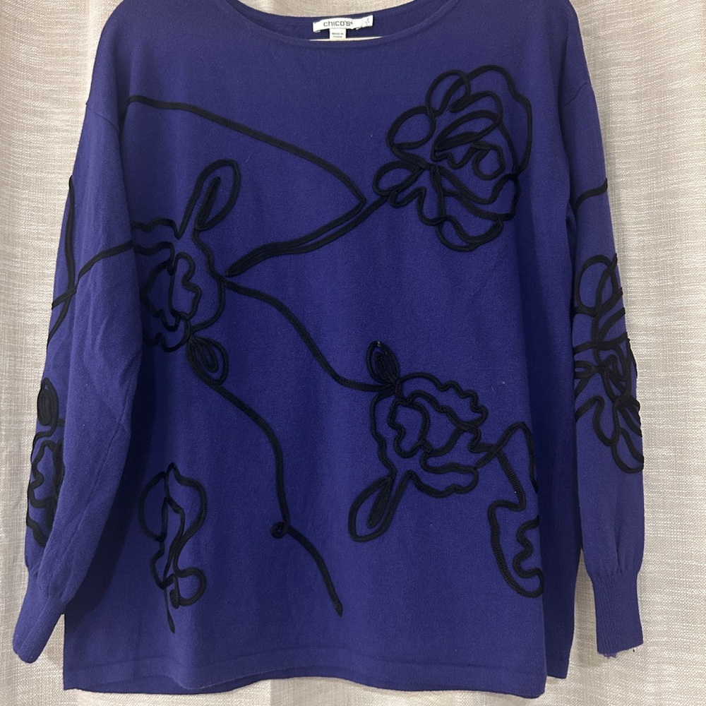 Blue Sweater with Black Floral Design